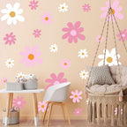 TaoBary 12 Sheet Daisy Wall Sticker Decal Removable Cute Daisy Bedroom Room Decor Flower Wall Sticker Pink White Flower Decal Wallpaper Peel and Stick for Nursery Home(Pink Color,Vibrant Style)