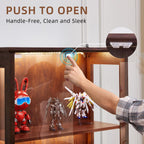 LELELINKY Farmhouse Glass Display Cabinet with Doors, Wooden Curio Cabinet for Collectibles with 3-Color LED Motion-Sensor Light & Reinforced Base, Walnut