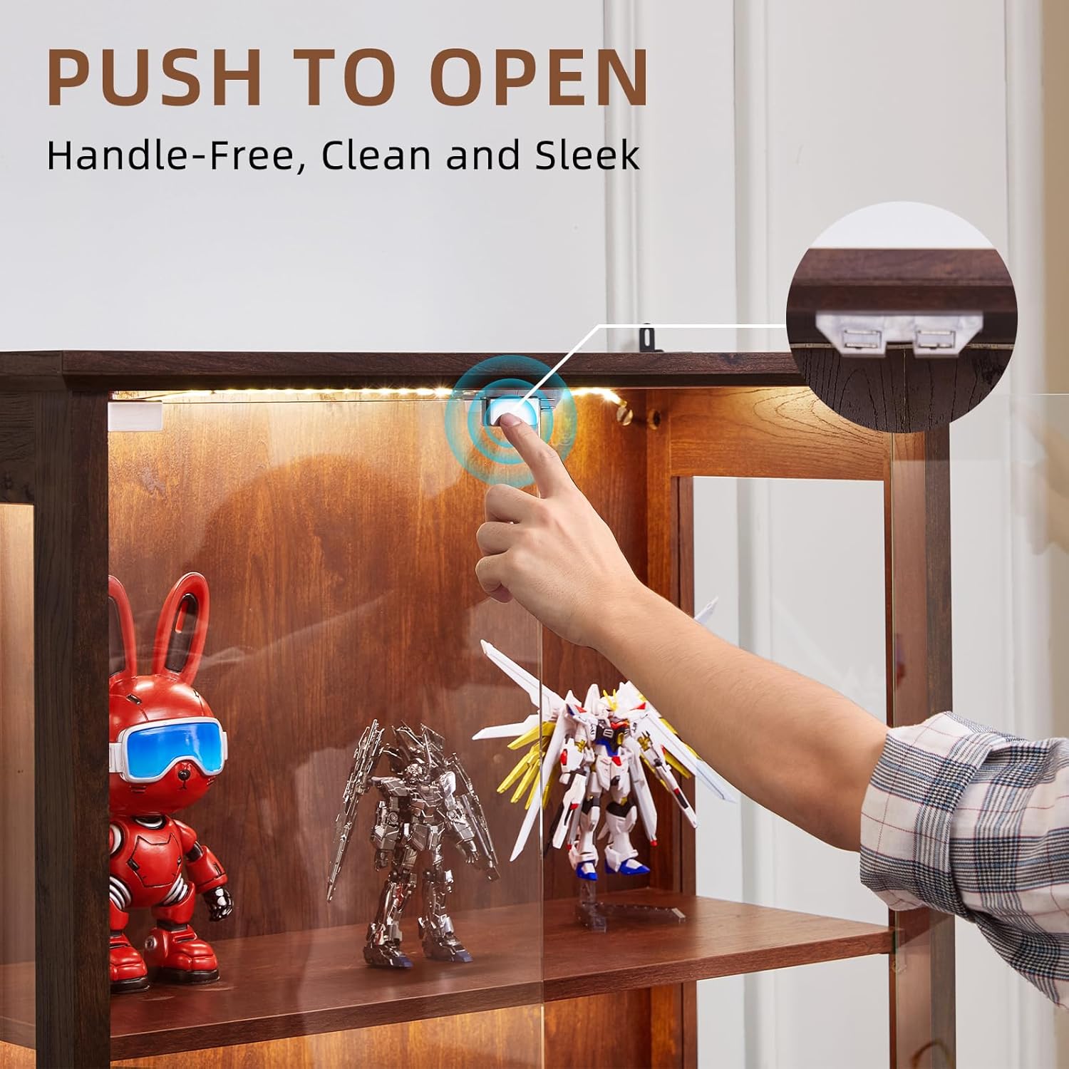 LELELINKY Farmhouse Glass Display Cabinet with Doors, Wooden Curio Cabinet for Collectibles with 3-Color LED Motion-Sensor Light & Reinforced Base, Walnut