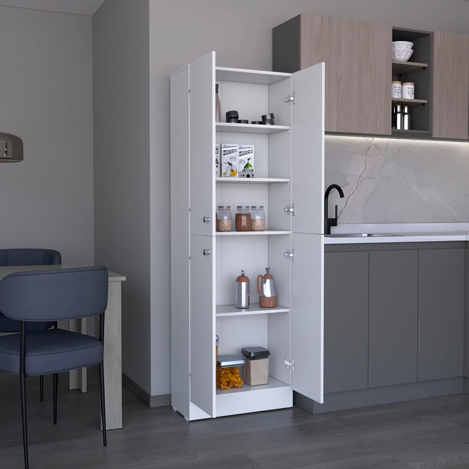 Modern Kitchen Pantry, Storage Cabinet with 4 Doors and 5 Adjustable Shelves, White, Engineered Wood, for Dining Room, Easy to Clean