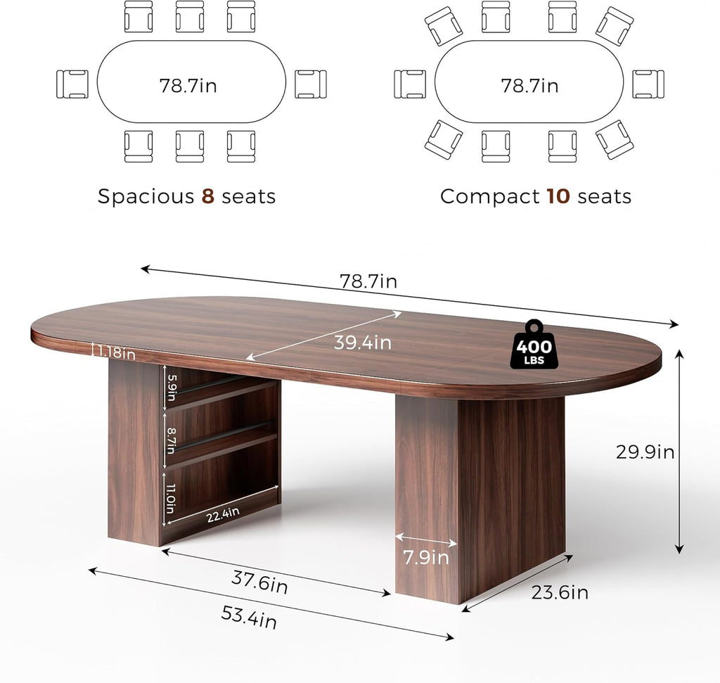 Jocoevol 78.7" Dining Table for 6-10 People, Oval Dining Room Table with 3-Tier Storage Shelf, Modern Wood Kitchen Tables with Heavy Duty Pedestal Base for Home, Dining Room, Walnut