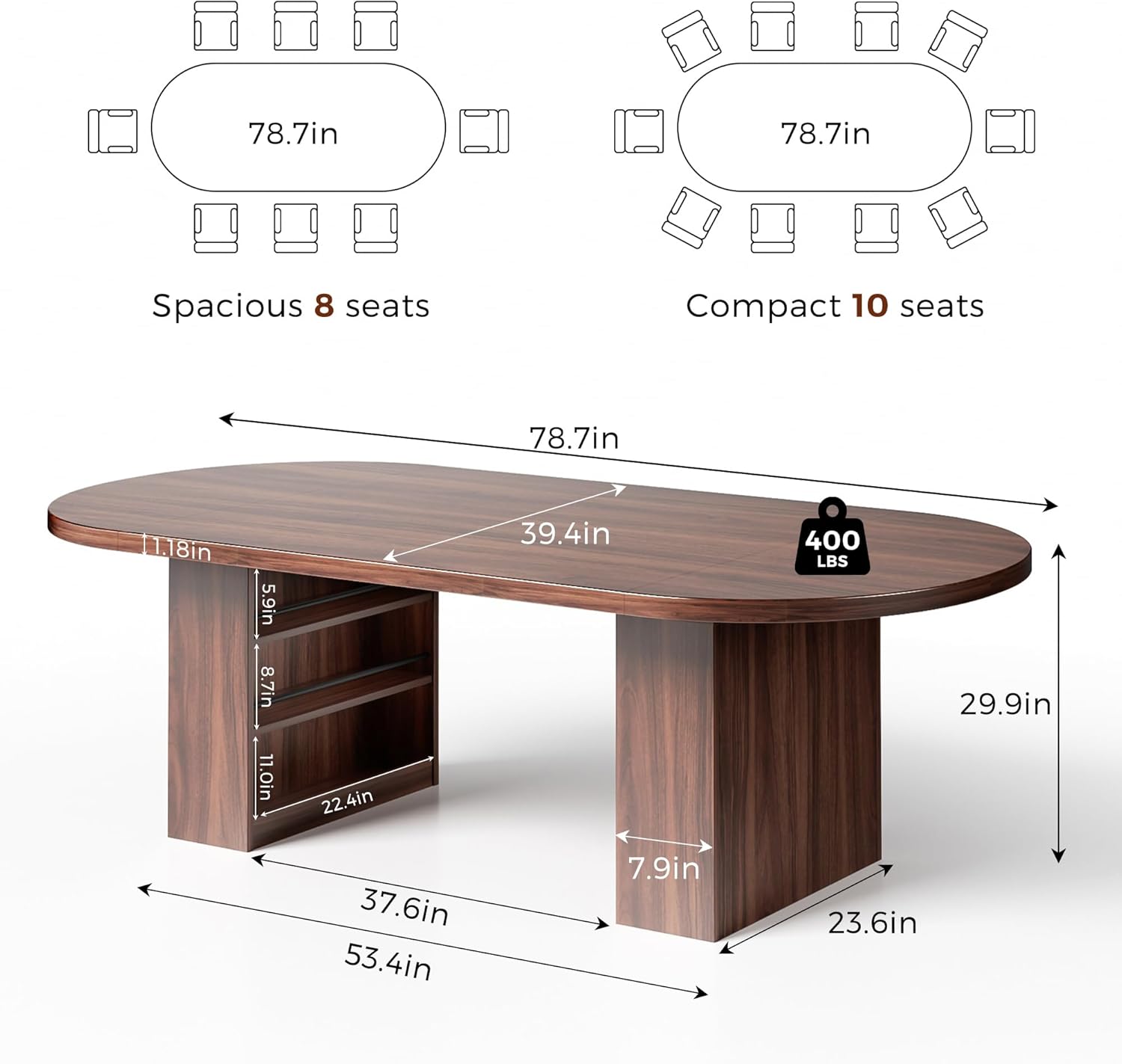 Jocoevol 78.7" Dining Table for 6-10 People, Oval Dining Room Table with 3-Tier Storage Shelf, Modern Wood Kitchen Tables with Heavy Duty Pedestal Base for Home, Dining Room, Walnut