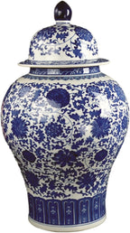 24" Classic Blue and White Floral Porcelain Ceramic Temple Ginger Jar Vase, Large China Qing Style (Blue and White 24-5)