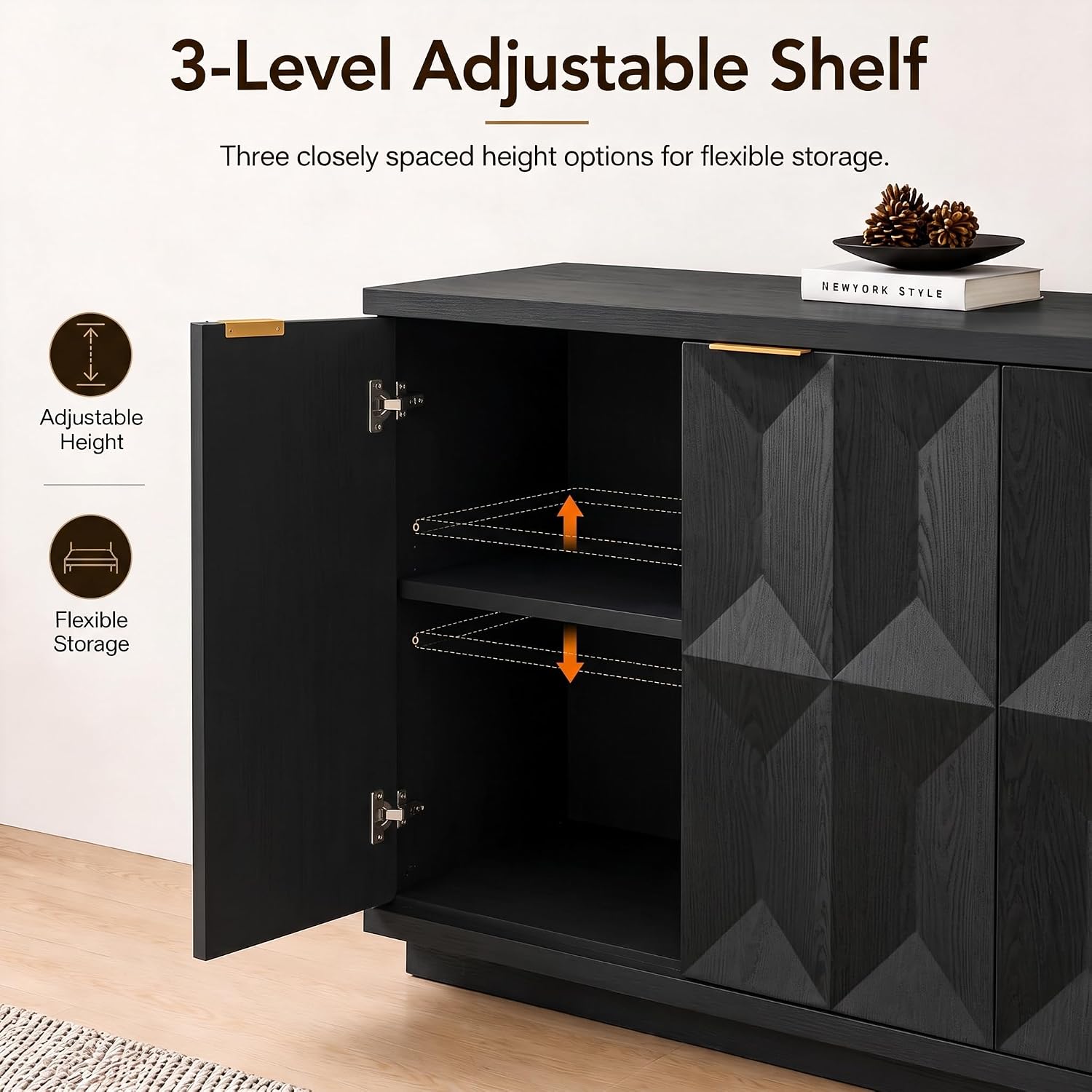 Brafab Buffet Cabinet, 118" Modern Mid-Century Credenza with 8 Doors, Wood Sideboard Cabinet with Geometric Doors for Living Room and Kitchen, Black