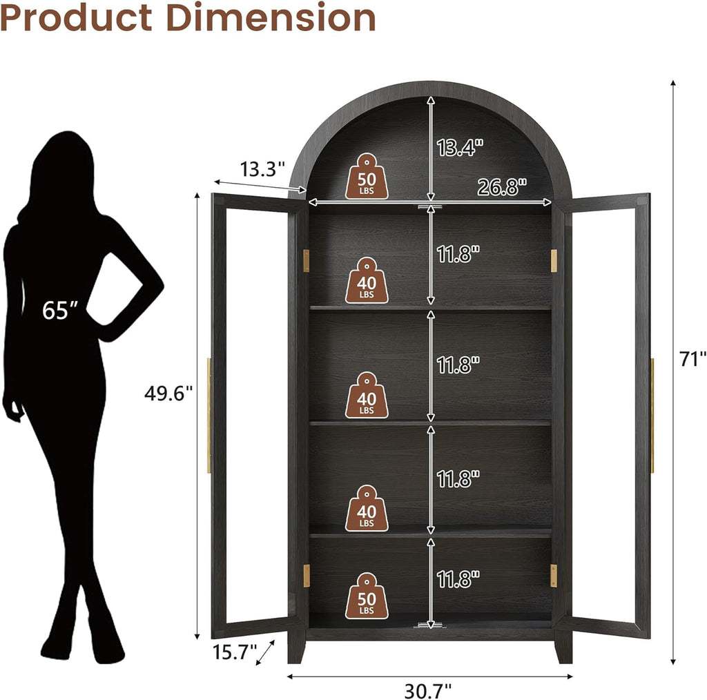 LVSOMT 71” Arched Curio Cabinet with Glass Doors, Display Cabinet with Human Sensor LED Light, 5 Tier China Cabinet with Adjustable Shelf, Tall Bookcase with Storage for Home Black