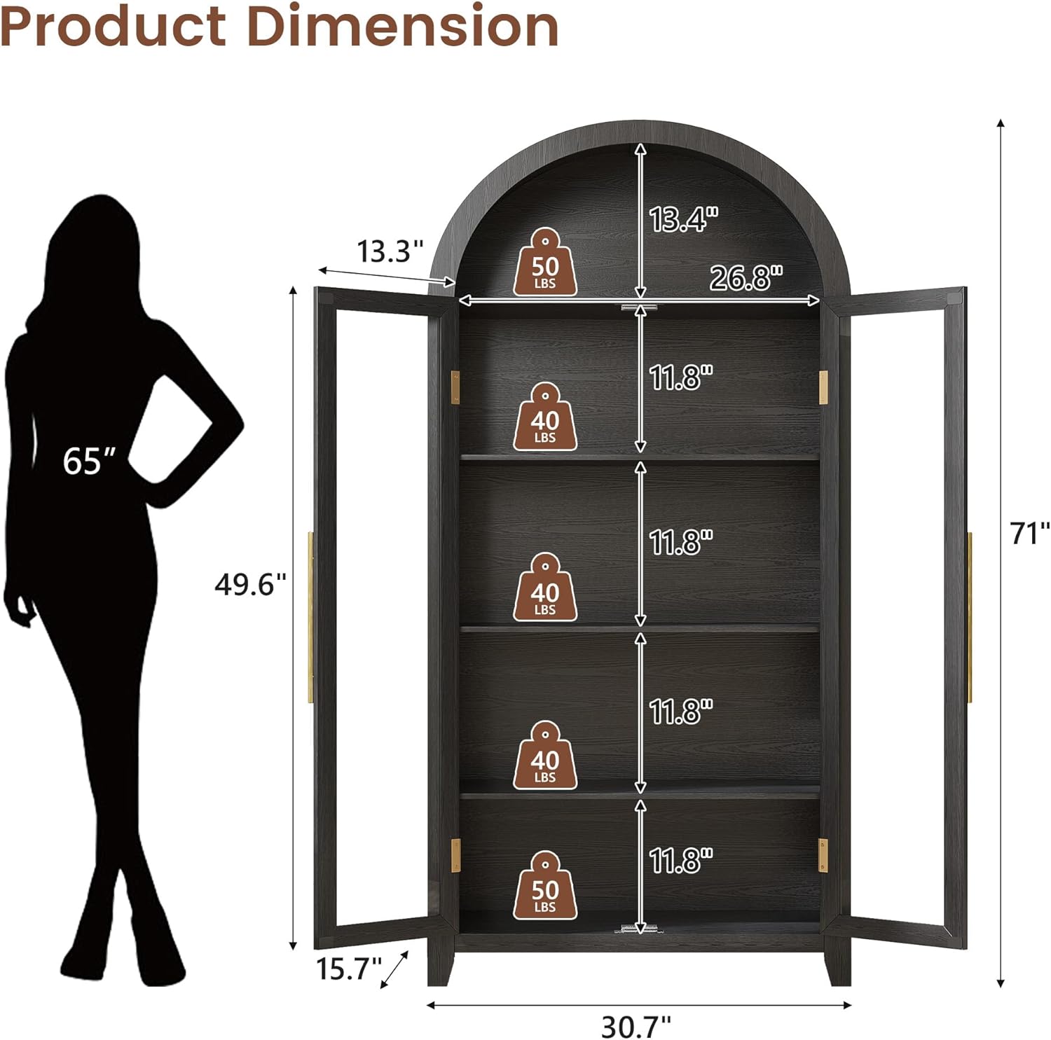 LVSOMT 71” Arched Curio Cabinet with Glass Doors, Display Cabinet with Human Sensor LED Light, 5 Tier China Cabinet with Adjustable Shelf, Tall Bookcase with Storage for Home Black