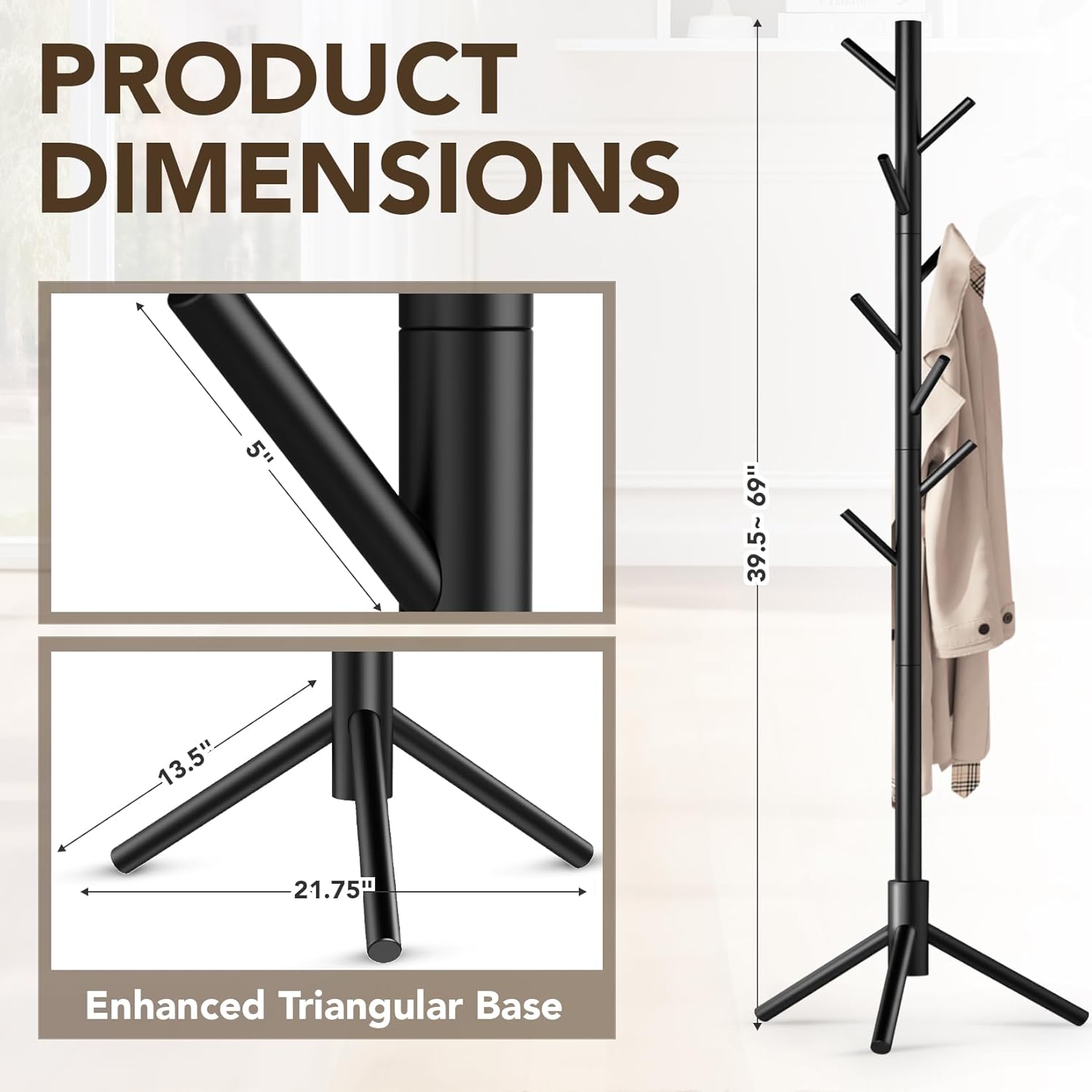 Hupmad Wooden Tree Coat Rack Stand,Sturdy Freestanding Coat Rack with 8 Hooks,3 Adjustable Height for Child Adult,Wood Coat Stand Tree Fits Entryway Bedroom Office for Bags,Hats, 2 Pack