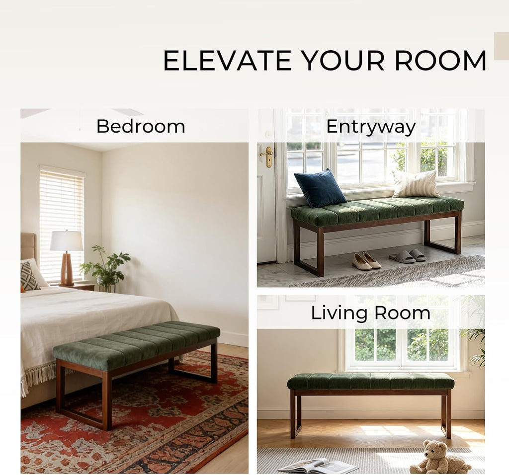 Bedroom Bench for End of Bed, 53.2" Modern Upholstered Chenille Fabric Entryway Bench & Window Bench, Footrest Stool Bench with Solid Wood Frame for Bedroom Living Room, Green