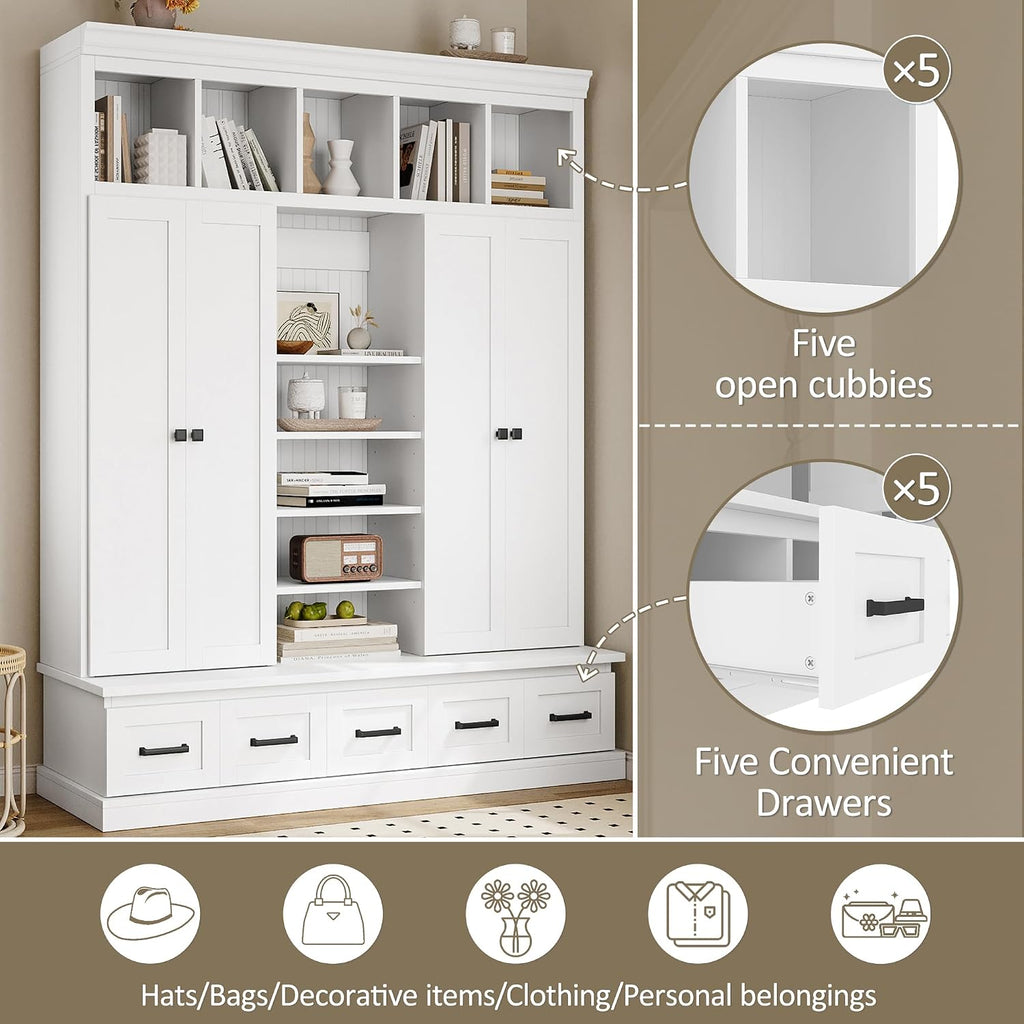 JIVOIT Modern Hall Tree with Bench and 5 Storage Cubbies, 5 Drawers | 78.7''H Hall Tree, Entryway Storage Organizer Cabinet, Adjustable Shelves, 4 Doors, Hallway, Entryway, Living Room