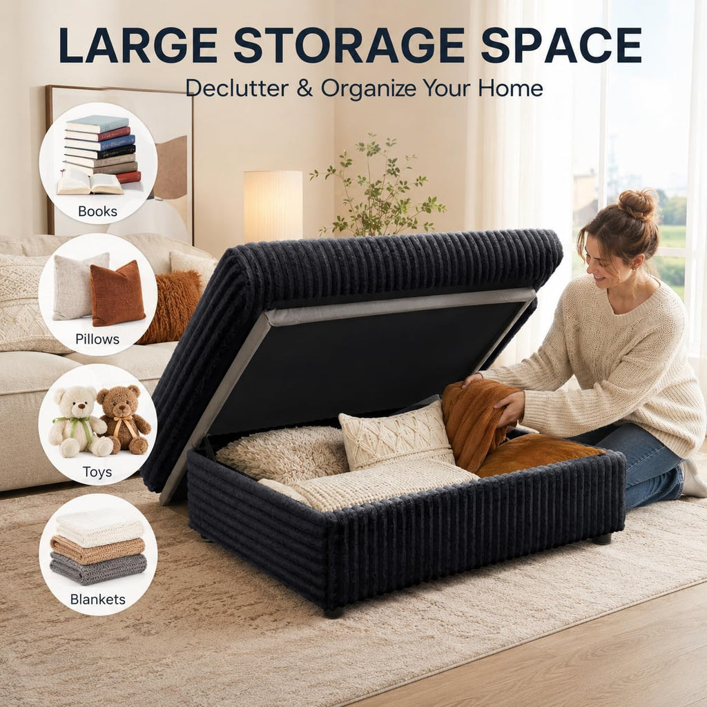 35.3" Corduroy Ottoman with Storage Oversized Ottoman for Modular Sectional Couches Foot Rest Stool with Hidden Compartment for Living Room, Apartment (Black, 35.3")