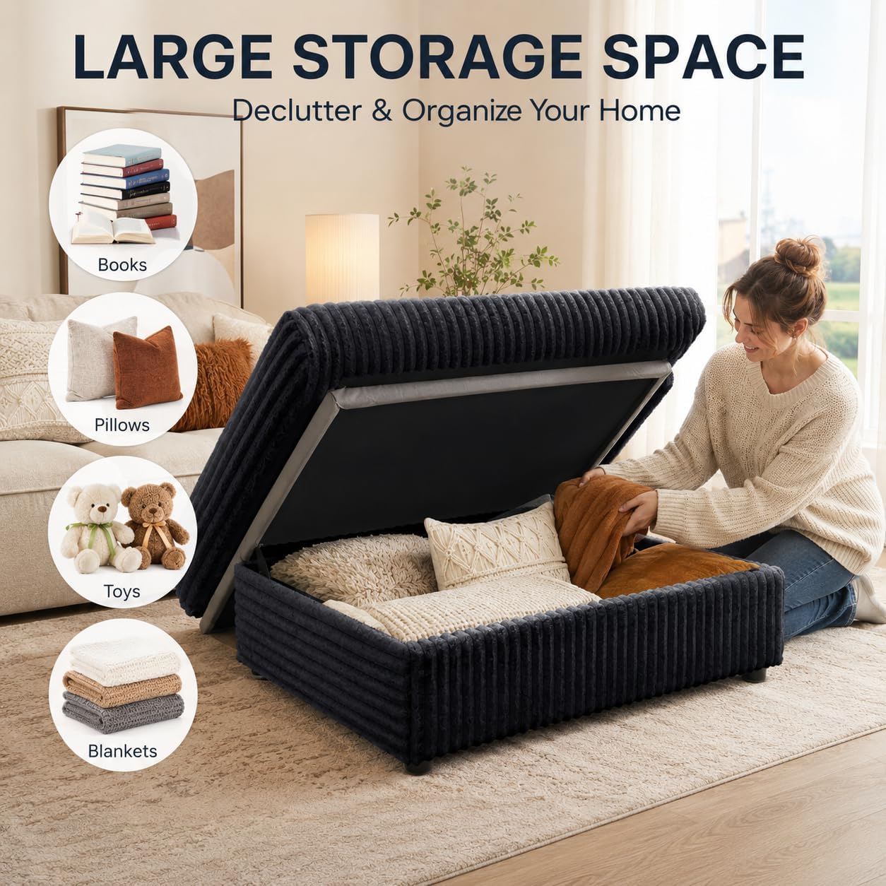 35.3" Corduroy Ottoman with Storage Oversized Ottoman for Modular Sectional Couches Foot Rest Stool with Hidden Compartment for Living Room, Apartment (Black, 35.3")