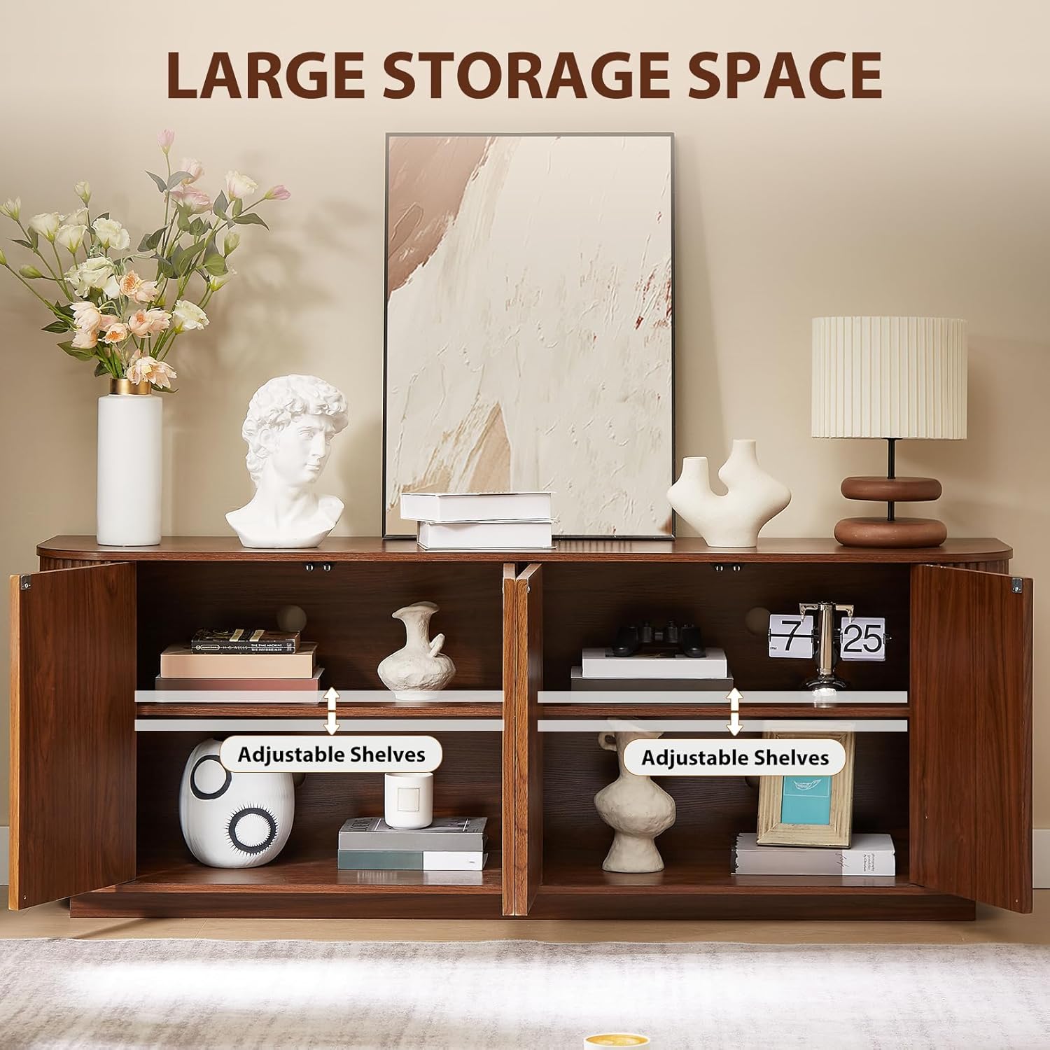 64'' Sideboard Buffet Cabinet, Wood Entertainment Center Modern TV Stand, Media Console with 4 Cabinets for Storage, Television Stands Coffee Bar for Living Room, Dining Room, Entryway