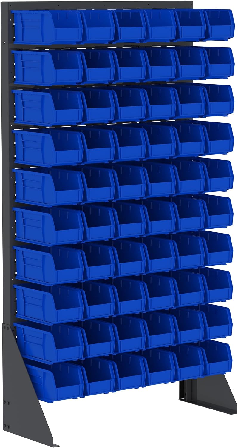 Akro-Mils 36"x13"x66" Louvered Steel Single Sided Floor Rack Organizer with 12-Pack of 11 x5 x5 AkroBins Stackable Plastic Storage Bins (Black), Organization Bundle for Garage, Workshop, Classroom