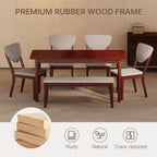 Ahomly 6-Piece Dining Table Set for 6, Solid Rubberwood Table with Bench & 4 Upholstered Linen Chairs, Rectangular, Dark Cherry Finish (Grey Cushions)