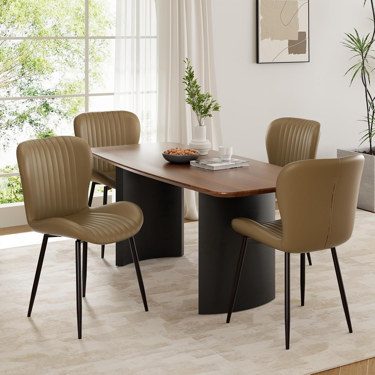 Dining Chairs Set of 2, Modern Upholstered Pu Leather Kitchen Side Chairs Dining Room Chairs Comfy Backrest, Brown