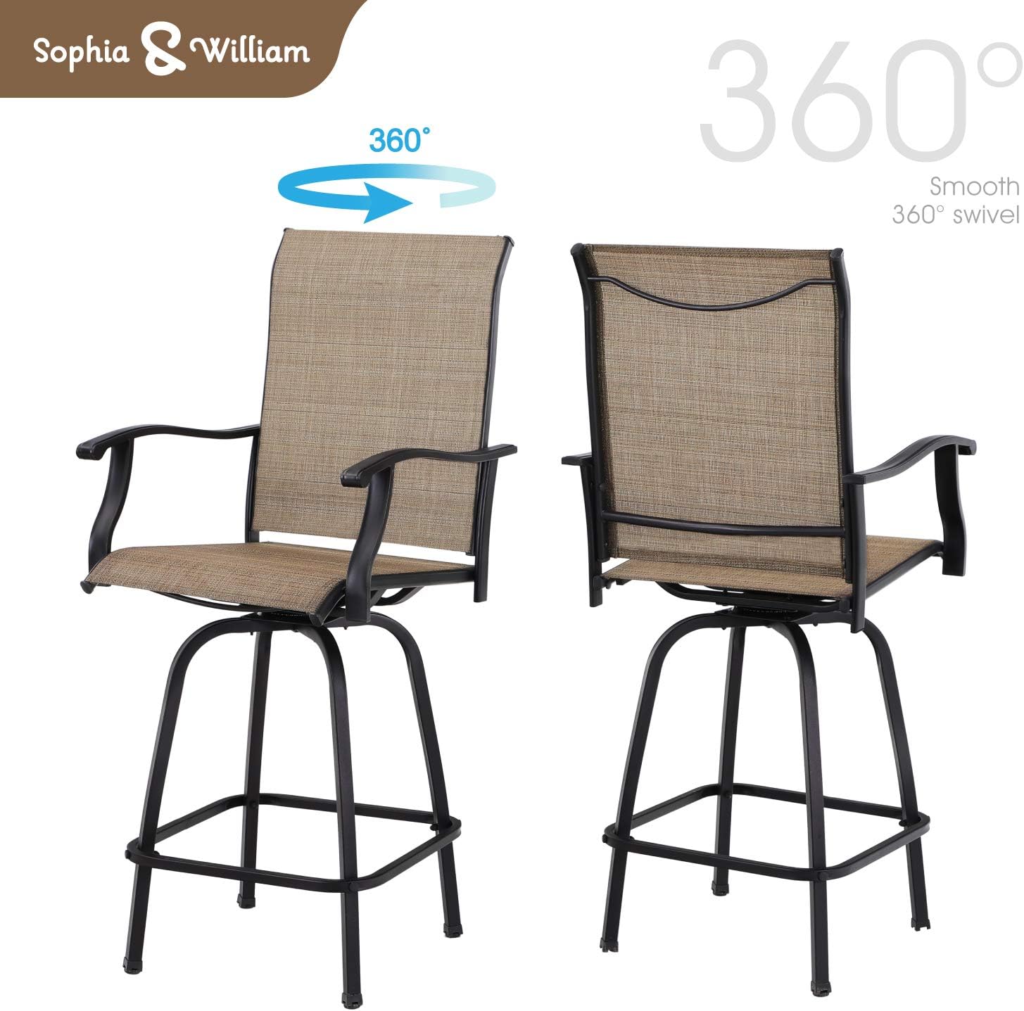 Sophia & William Outdoor Swivel Bar Stool Set of 2 Patio Bar Chair Breathable Textilene for Bistro Lawn All Weather Furniture Set, Brown
