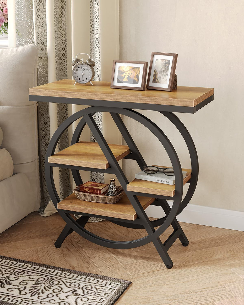 End Table, Narrow Side Table with 4-Tier Large Storage Space, Modern Bedside Table for Living Room, Home Office, Bedroom, Natural