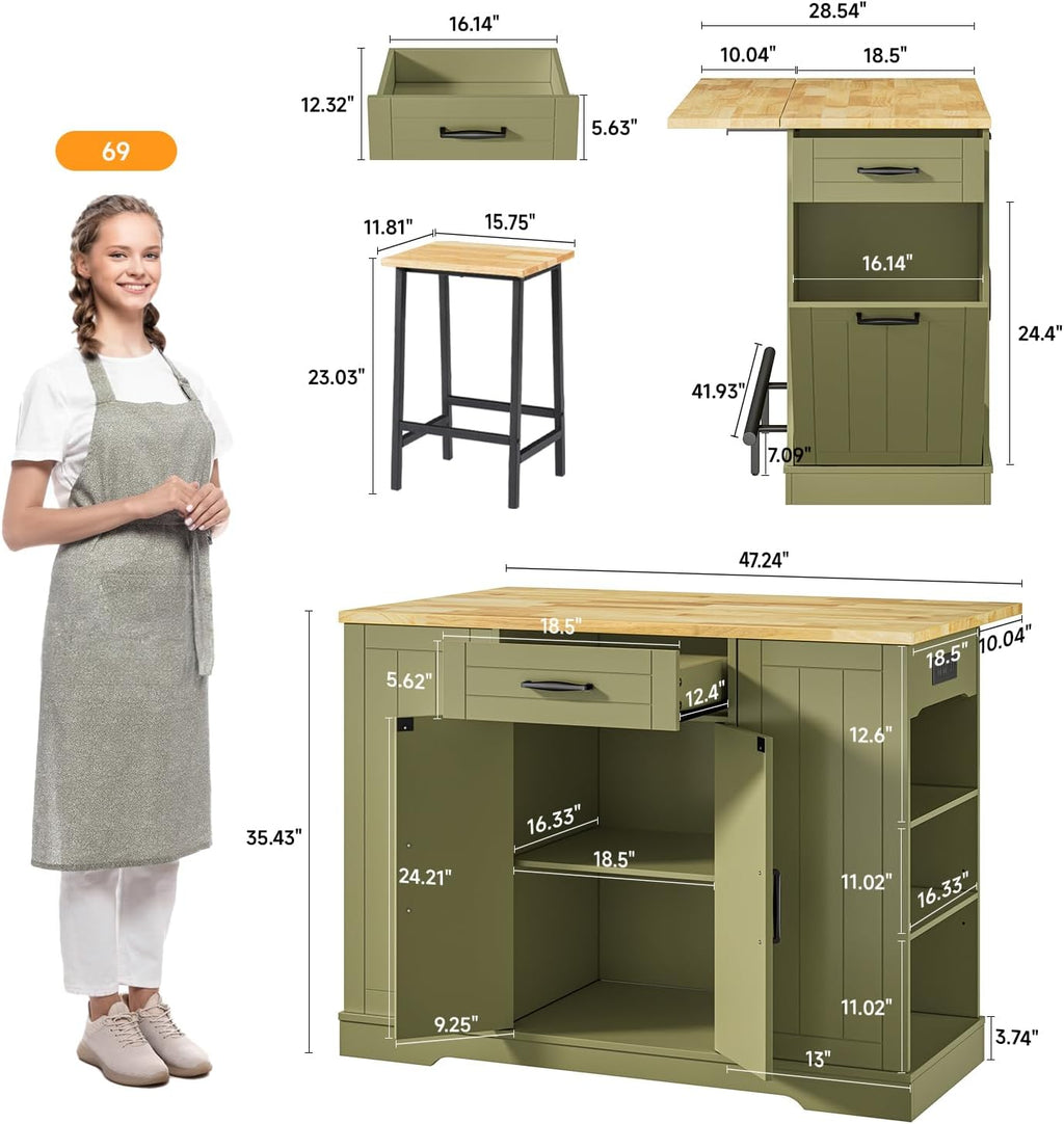 ONBRILL Stationary Kitchen Islands Include 2 Chairs, 47" Kitchen Island with Drop Leaf, Home Bar Table with Spice Rack & with Trash Cabinet, Island Table for Dining Room with Power Outlet, Green