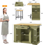 ONBRILL Stationary Kitchen Islands Include 2 Chairs, 47" Kitchen Island with Drop Leaf, Home Bar Table with Spice Rack & with Trash Cabinet, Island Table for Dining Room with Power Outlet, Green