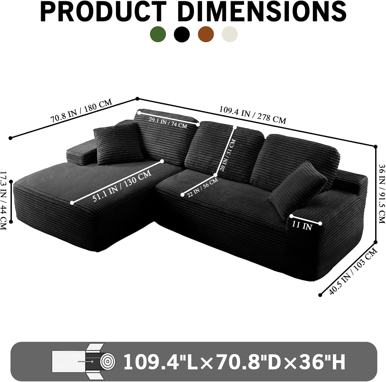 109.4” Modular Sectional Sofa, Convertible Sofa Bed, No Assembly Required Cloud Couch with Deep Seat, Modern L-Shaped Boneless Sofa for Living Room (Black)