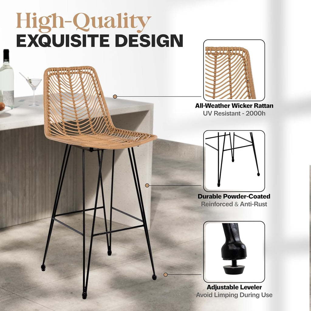 IDZO 400lbs Capacity Rattan Bar Stools Set of 2, 29-Inch Height, Outdoor & Indoor Use, Comfort Cushion, Solid Steel Frame, Durable Powder Coating, Easy Assembly, Ideal for Kitchen Island & Patio