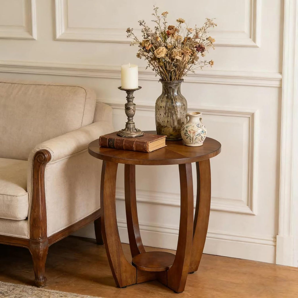 Wood Farmhouse End Table with Storage Shelf, 2-Tier Side Table with Curved Legs & Lower Removable Shelf, Accent Table for Living Room, Walnut Finish & Easy Assembly, Dark Brown
