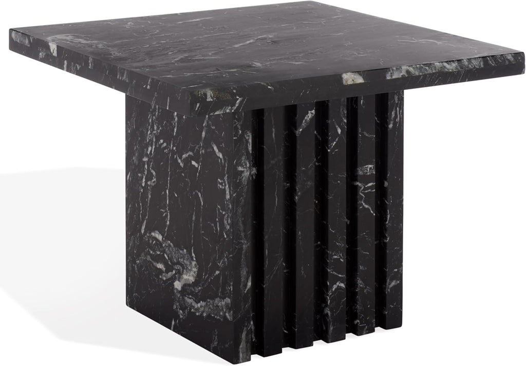 SAFAVIEH Couture Collection – Olivia Black Square Travertine Accent Table, Sculptural Pedestal Display Table (SFV9701C)