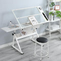 GarveeHome Drafting Table w/Stool, Height Adjustable Multifunctional Art Craft Artists Desk Tilting Glass Tabletop Diamond Paintings Work Station w/2 Storage Drawers for Home Office, White