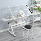 GarveeHome Drafting Table w/Stool, Height Adjustable Multifunctional Art Craft Artists Desk Tilting Glass Tabletop Diamond Paintings Work Station w/2 Storage Drawers for Home Office, White