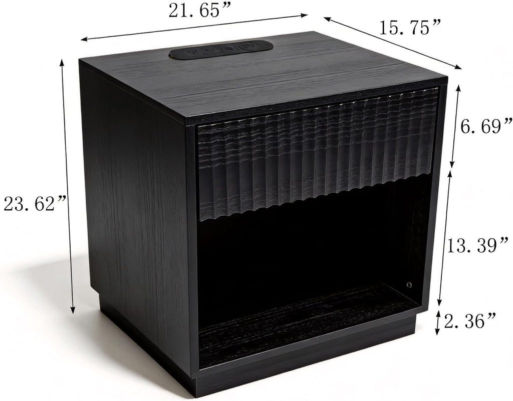 Night Stand with Charging Station, 23 Inch Tall Fluted Modern Bedside Table with Large Drawer & Storage Space, Wide End Table for Bedroom Sofa Office, Easy Assembly, Black, 1 Pack