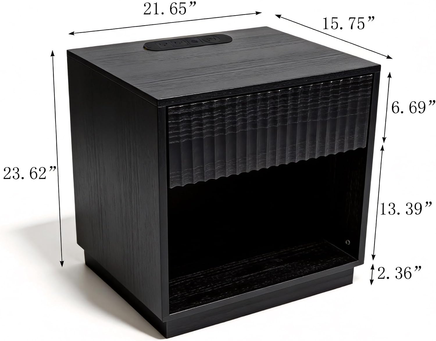 Night Stand with Charging Station, 23 Inch Tall Fluted Modern Bedside Table with Large Drawer & Storage Space, Wide End Table for Bedroom Sofa Office, Easy Assembly, Black, 1 Pack