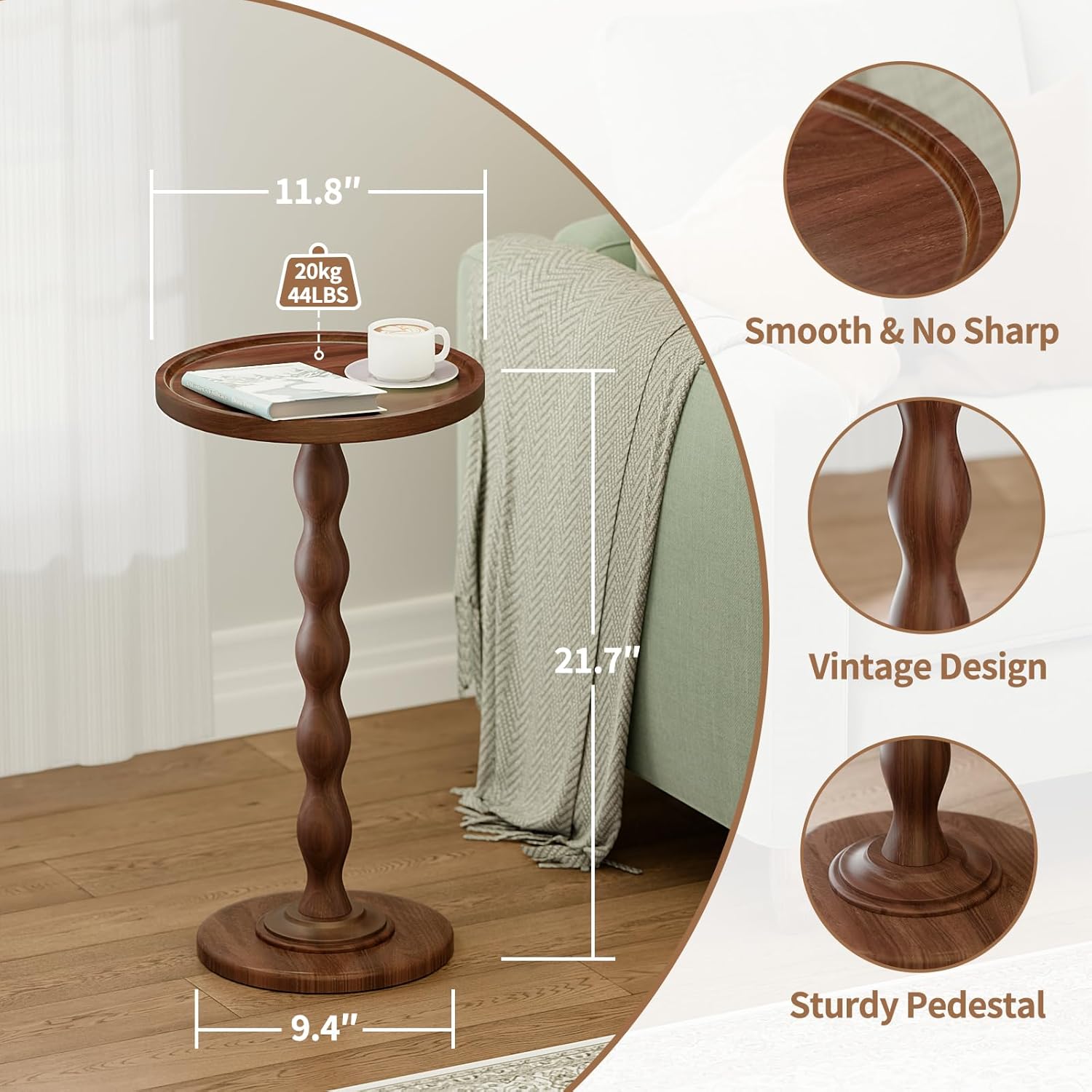 Small Round Side End Table - Solid Wood Accent Drink Table for Living Room, Modern Bedside Coffee Table Nightstand with Pedestal, Vintage Corner Couch Tables for Bedroom Small Spaces, Rustic Brown