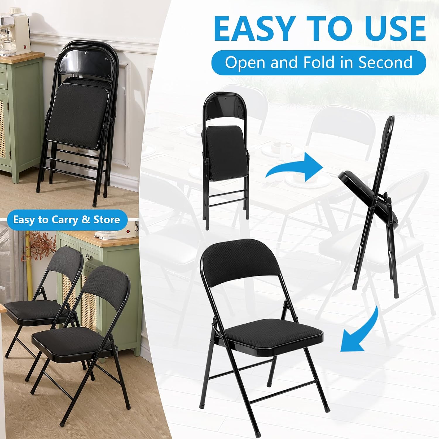 6 Pack Folding Chairs Metal Chairs Set with Padded Seats and Back, Padded Folding Chair for Home Office Wedding Party, Indoor and Outdoor Events, Set of 6 (Black-Fabric, 6 Pack)