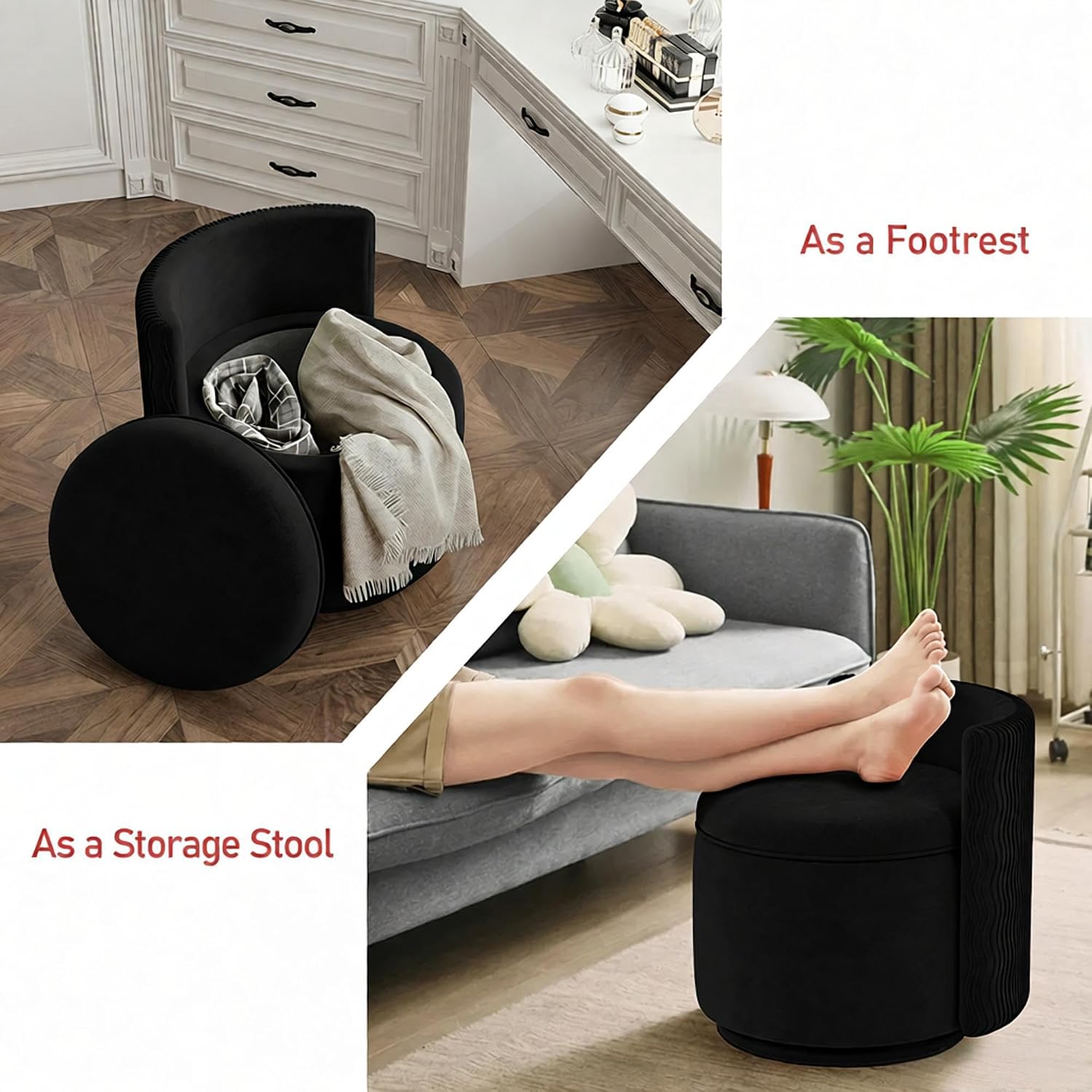allamazing 360° Swivel Accent Chair with Storage, Vanity Stool with Back, Velvet Storage Ottoman, Upholstered Round Barrel Vanity Chair for Living Room, Makeup Room, Bedroom (Black)