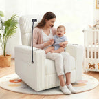 Power Swivel Rocking Chair Nursery with Armrest Storage, Skin-Friendly White Corduroy Nursing Chair Copy Thickened High-Density Foam Rocking Recliner with USB & C Port, Cup & Phone Holder