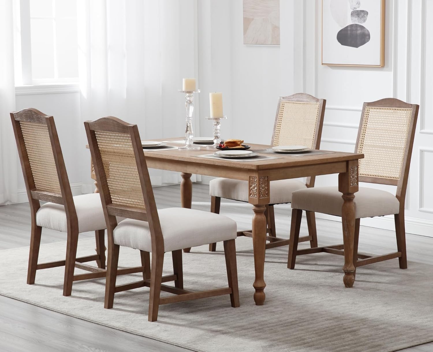 EALSON Rattan Dining Chairs Set of 4 Mid Century Modern Linen Upholstered Fabric Dining Room Chairs with Cane Back and Natural Wood Legs for Kitchen/Restaurant, Beige