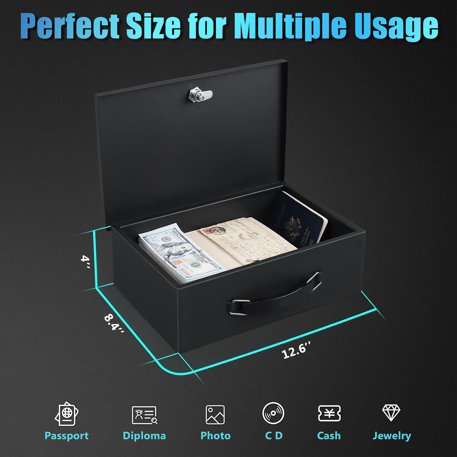 xydled Fire Resistant Safe Fire Safe Box with Key Lock for Home Office Security Storage for Valuables Documents,12.8 x 8.5 x 4.5 Inch,Black