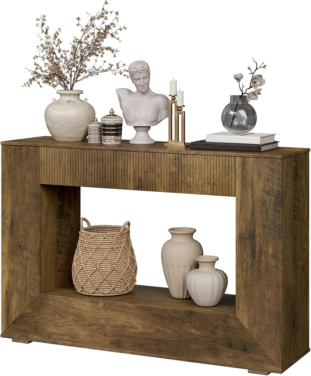 RALGEND Farmhouse Console Table 2 Handle-Less Drawers, 47 Inches Wooden Entryway Table with Storage, Industrial Fluted Sofa Table, Accent Table for Living Room, Entrance, Foyer, Hallway, Dark Brown
