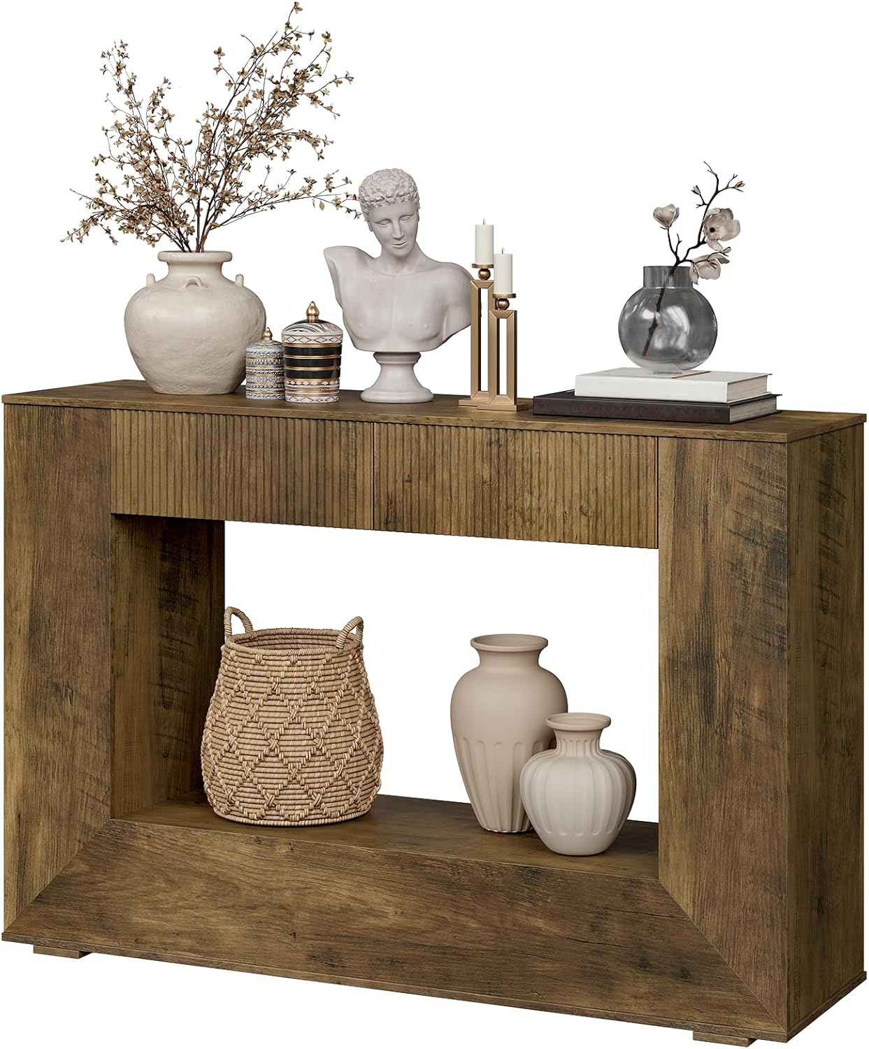 RALGEND Farmhouse Console Table 2 Handle-Less Drawers, 47 Inches Wooden Entryway Table with Storage, Industrial Fluted Sofa Table, Accent Table for Living Room, Entrance, Foyer, Hallway, Dark Brown