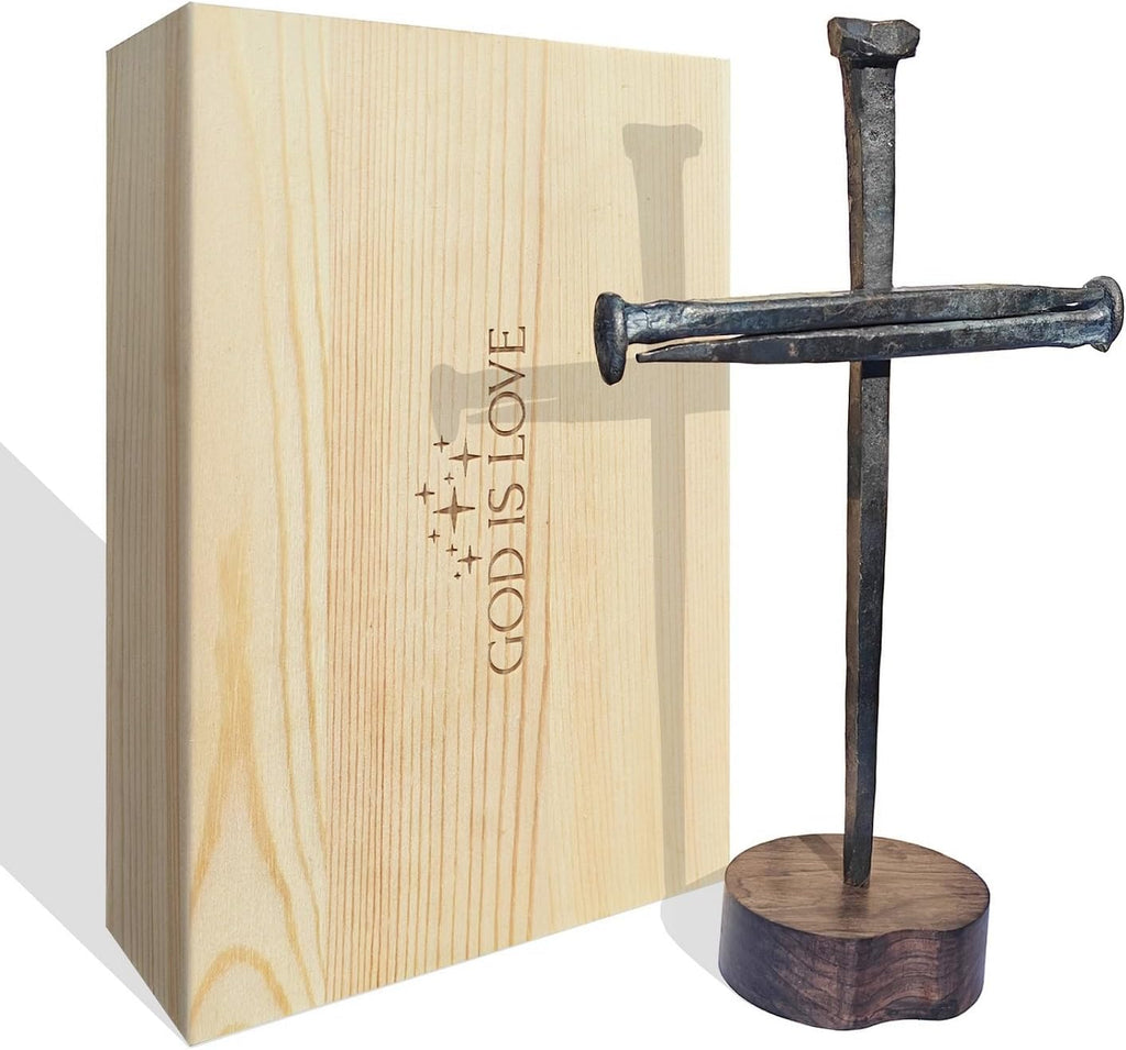 annrose Passion of Jesus Christ Crucifixion Nail Metal Cross,Jesus Christ Tabletop Crucifix,Ordination Gifts,Religious Gifts for Men Women,Religious Fathers Day Gift (Solid Wood Base)