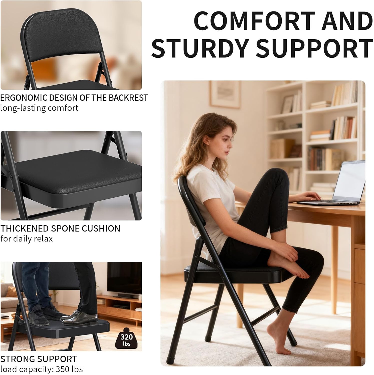 Set of 2 Padded Folding Chairs, PU Leather Seat Back, 300 lbs Heavy Duty Metal Frame, Foldable Portable Chairs for Indoor Outdoor Events, Dining, Guest Seating, Party, Wedding (Black, 2 Pack)