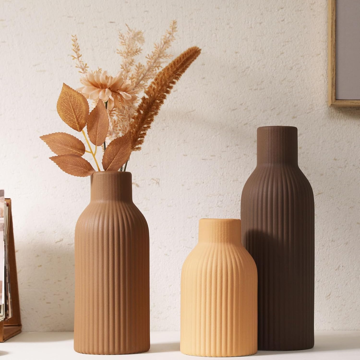 Joeabor Ceramic Vase Set of 3 - Handcrafted Ceramic Vases for Home Decor & Shelf - Modern Farmhouse Decor for Kitchen, Office, Bedroom & Living Room Decorative Objects for Mantel, Table Centerpieces