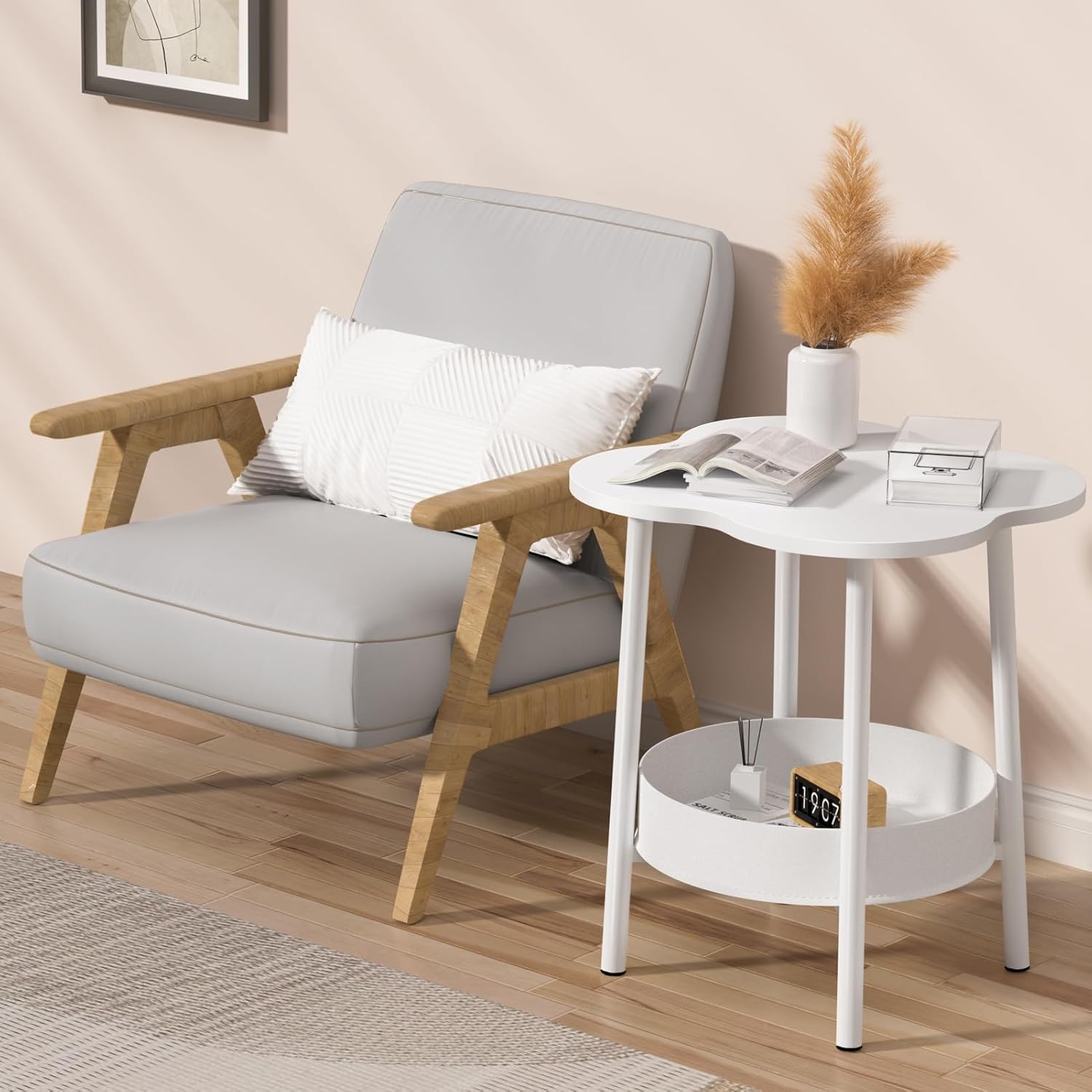 Small Coffee Table, 2 Tier Flower Shaped Desktop Accent Table, Modern Couch Bedside End Tables, Nightstand for Bedroom or Living Room, Small Spaces Display Side Tables White