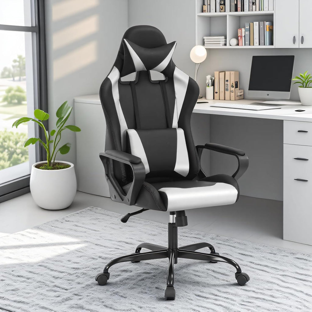 Ergonomic High Back Gaming Chair & Office Chair, PU Leather & Adjustable & Easy Assembly & BIFMA Certified, for Home/Office (Gray) (White)