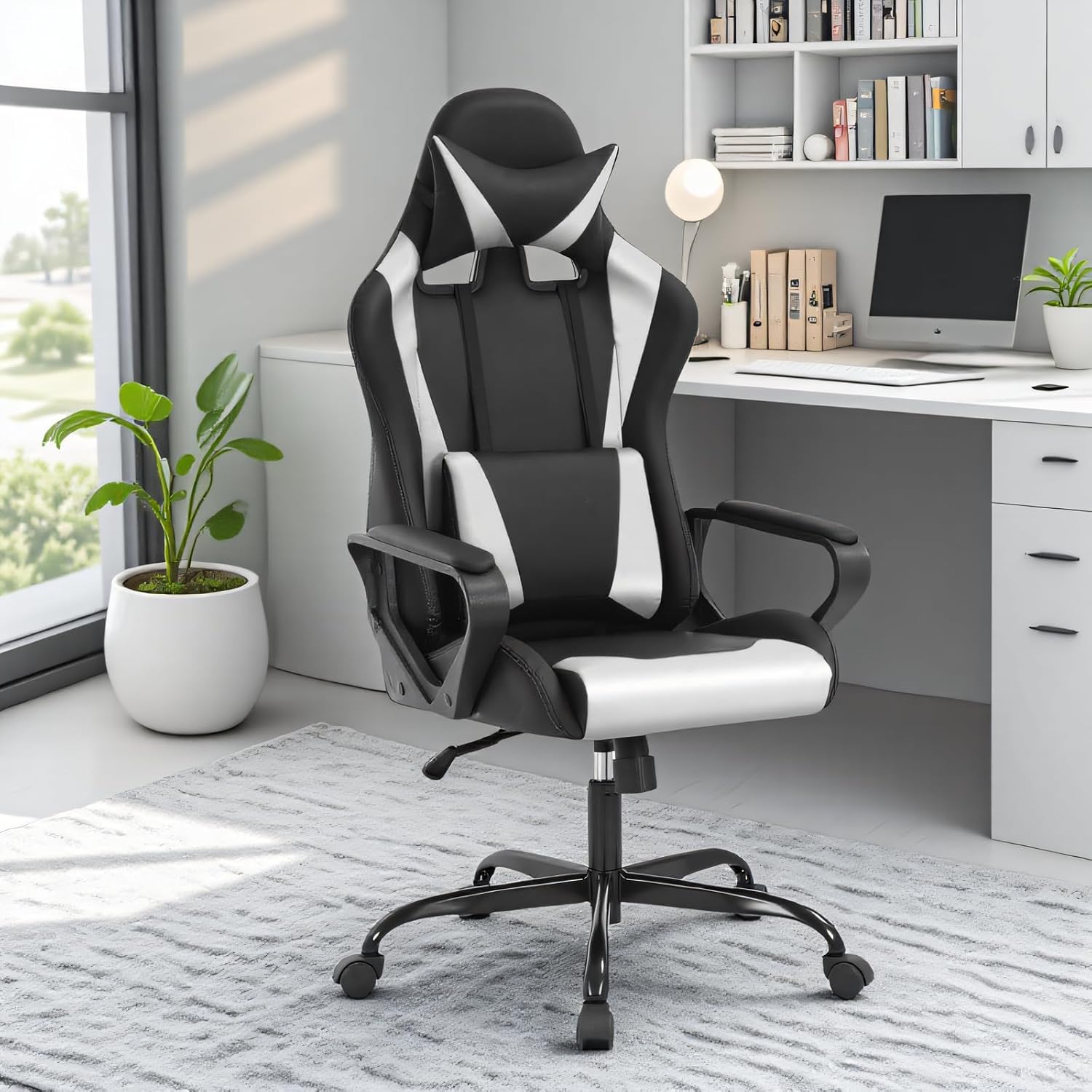 Ergonomic High Back Gaming Chair & Office Chair, PU Leather & Adjustable & Easy Assembly & BIFMA Certified, for Home/Office (Gray) (White)