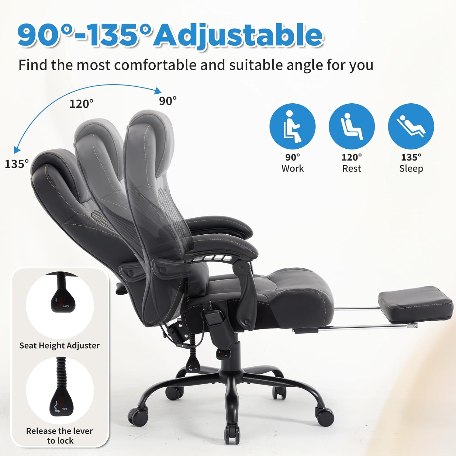 3D Kneading Massage Office Chair, 500lbs Big and Tall Ergonomic Reclining Office Desk Chair with Foot Leg Rest,Black