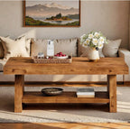 Solid Wood Coffee Table, 47-Inch Farmhouse Wooden Coffee Table for Living Room, 2-Tier Rectangular Center Table with Storage for Apartment, Home Office, Dark Brown