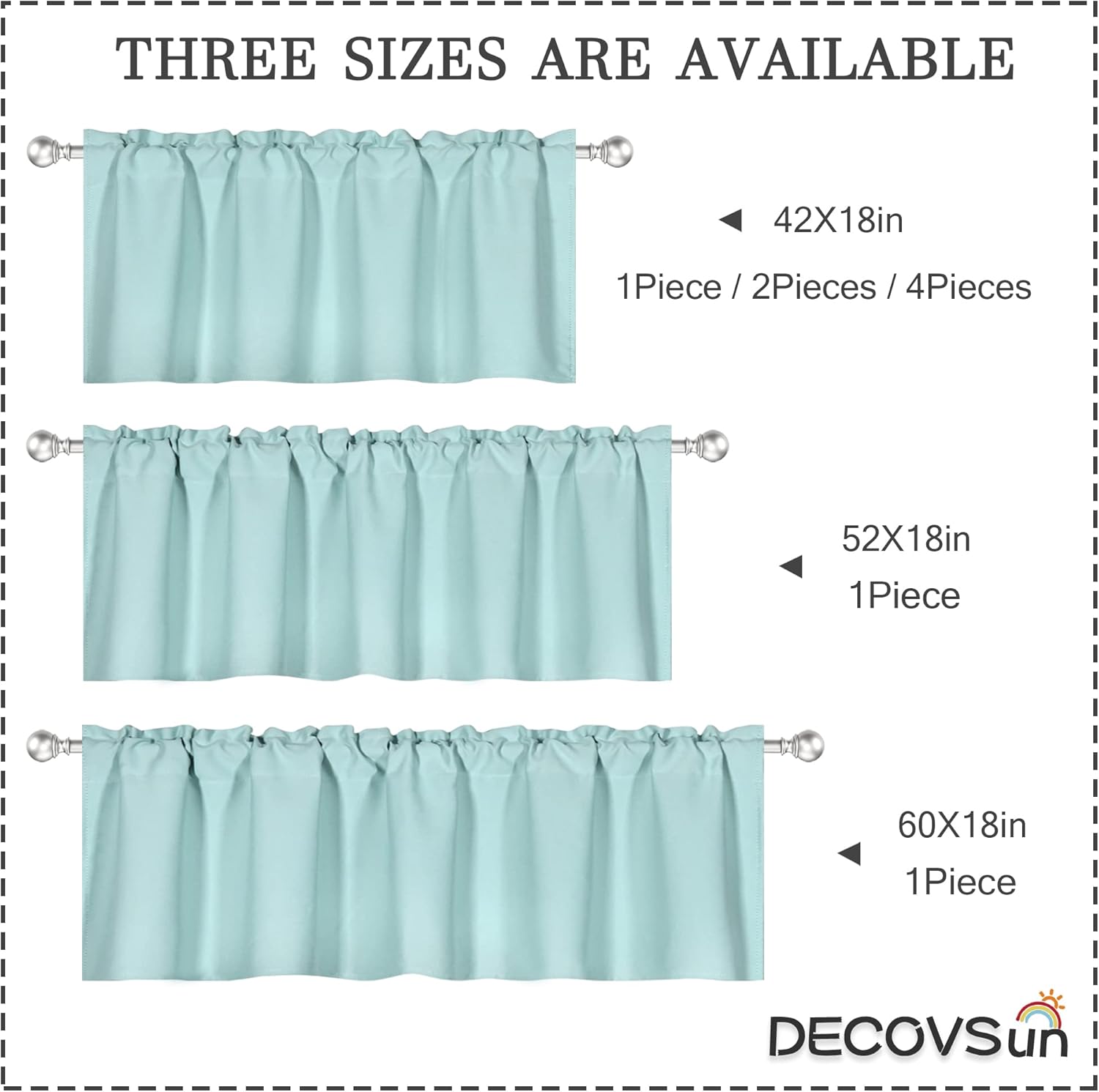 DECOVSUN Aqua Blue Valance for Windows 42x18 Inch Solid Thermal Insulated Blackout Rod Pocket Kitchen Short Curtain Toppers Valance for Bathroom Living Room 2 Panels