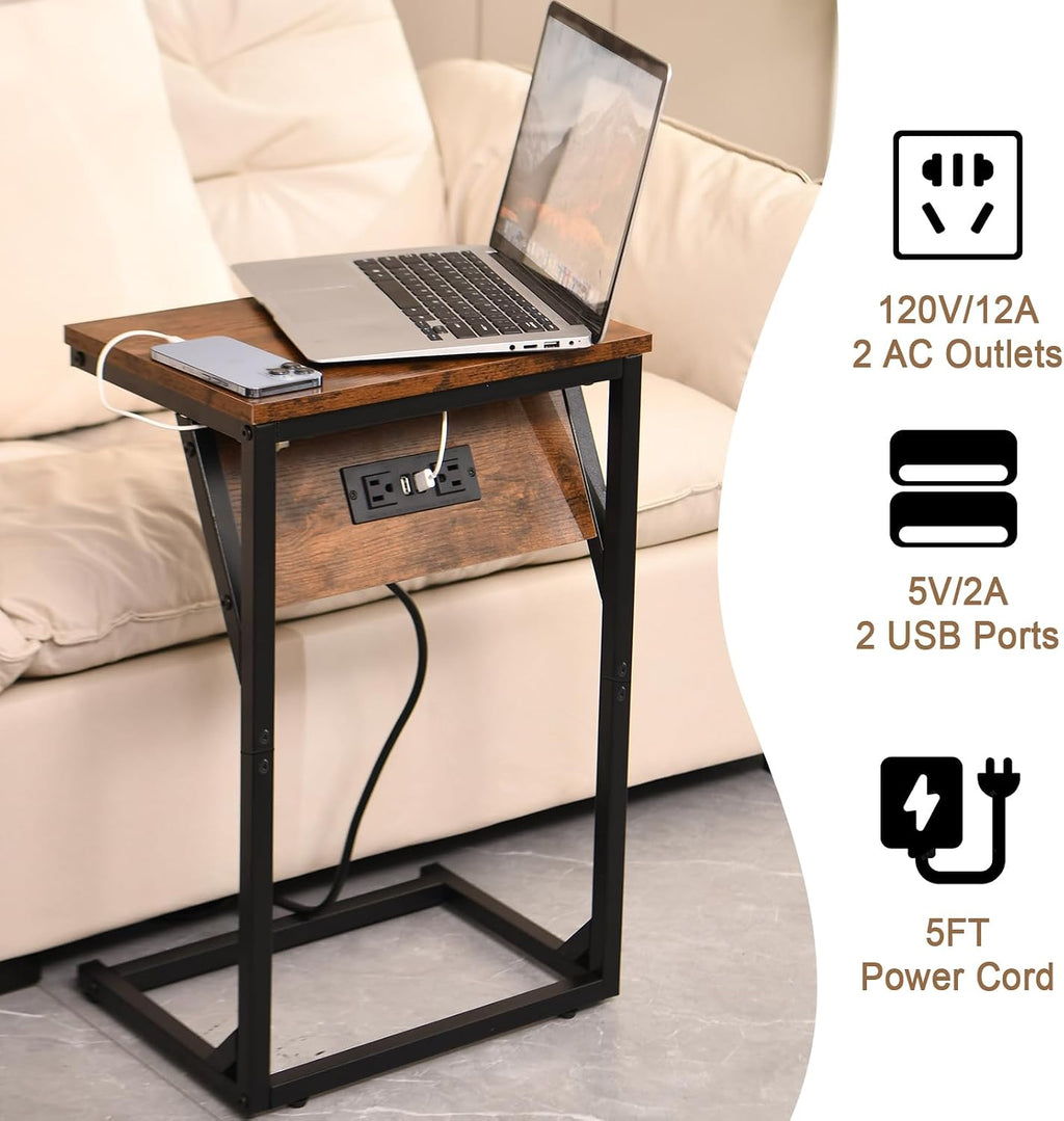 C-Shaped Side Table & End Table, Built-in Power Station (2 AC Outlets, 2 USB Ports) - Slide-in Design Sofa/Bedroom TV Tray, 15"x11"x23" Wood Top & Black Metal Frame