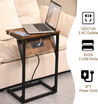C-Shaped Side Table & End Table, Built-in Power Station (2 AC Outlets, 2 USB Ports) - Slide-in Design Sofa/Bedroom TV Tray, 15"x11"x23" Wood Top & Black Metal Frame